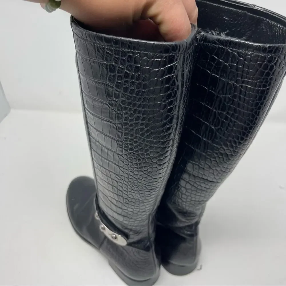 Missouri girl Italian fur lined black crock leather embossed tall riding boots